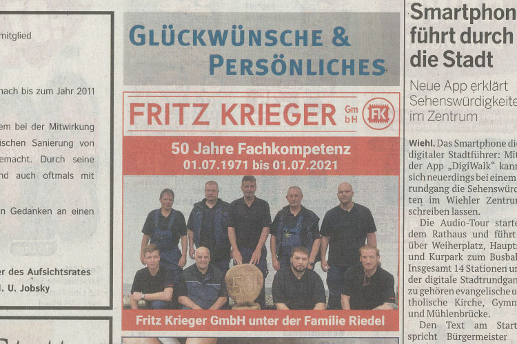 50 Jahre Fritz Krieger GmbH Zeitungsartikel